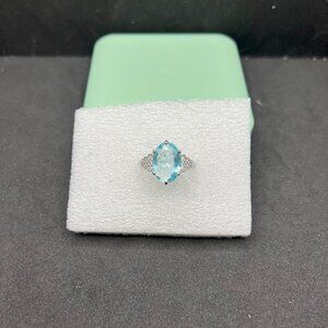 Ocean Blue Crystal Silver Ring with Czs - Size 7.75